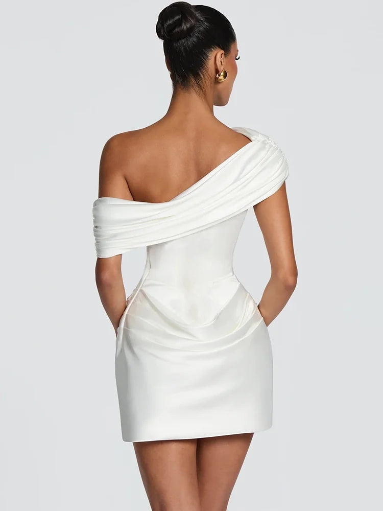 Satin Off-Shoulder Draped Corset Mini Dress