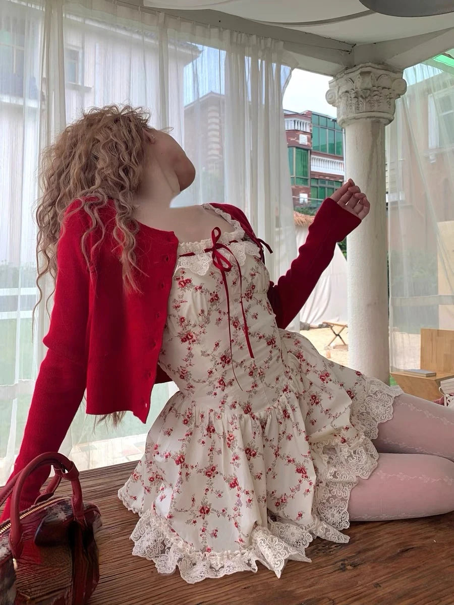 Women’s Red Floral Mini Dress & Cardigan Set