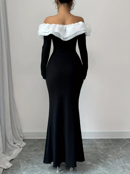Elegant Off-Shoulder Color Block Maxi Dress