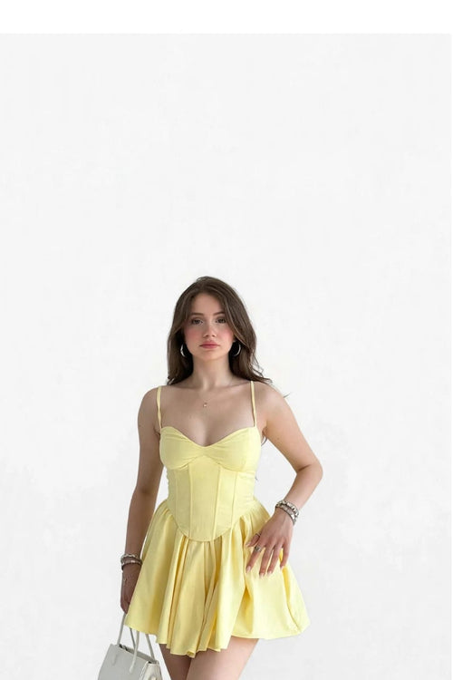 Sexy Yellow V-Neck Backless Mini Dress