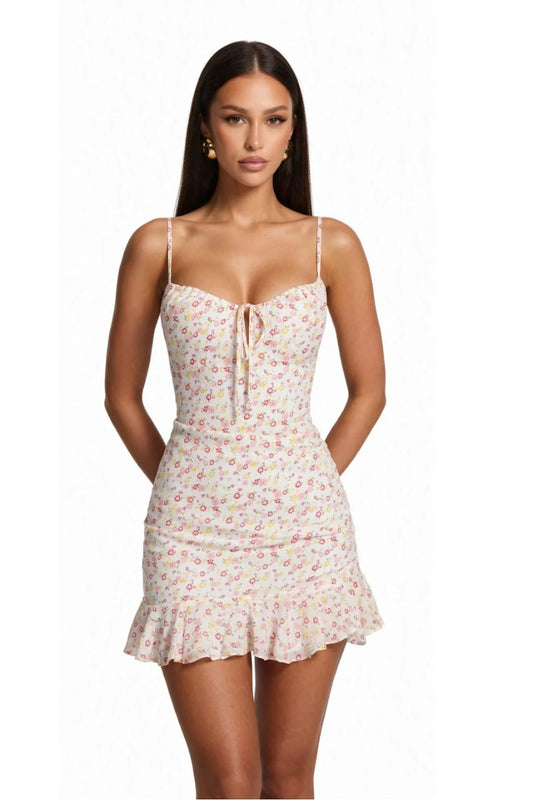 Floral Print Lace-Up Ruffle Mini Dress