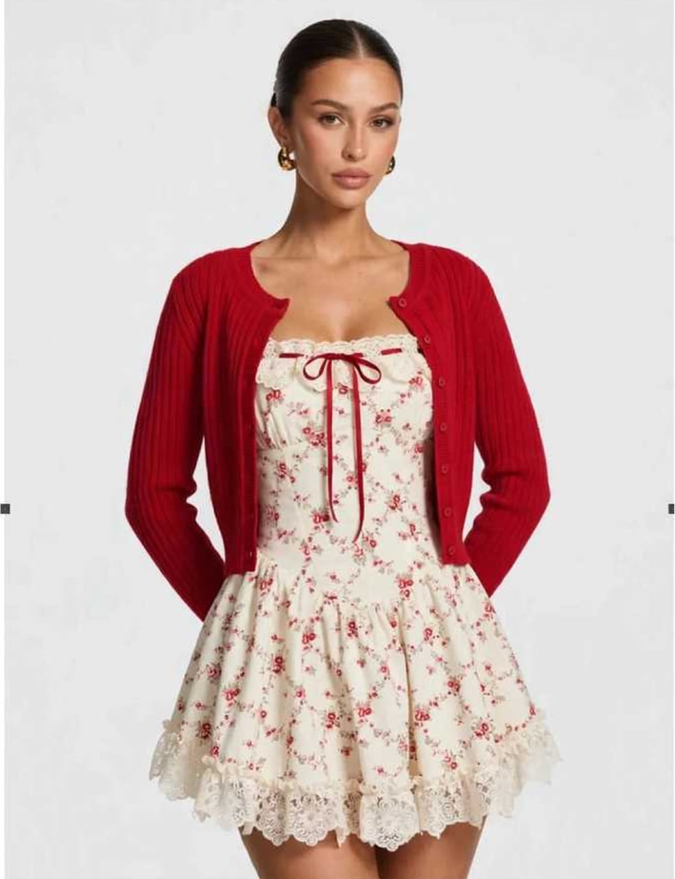 Women’s Red Floral Mini Dress & Cardigan Set