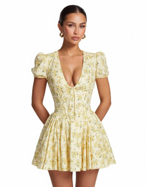 Floral Yellow Puff Sleeve Mini Dress