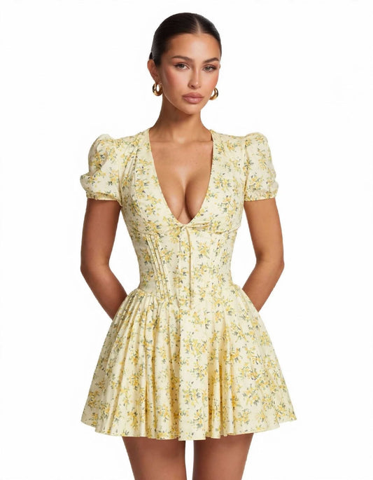 Floral Yellow Puff Sleeve Mini Dress